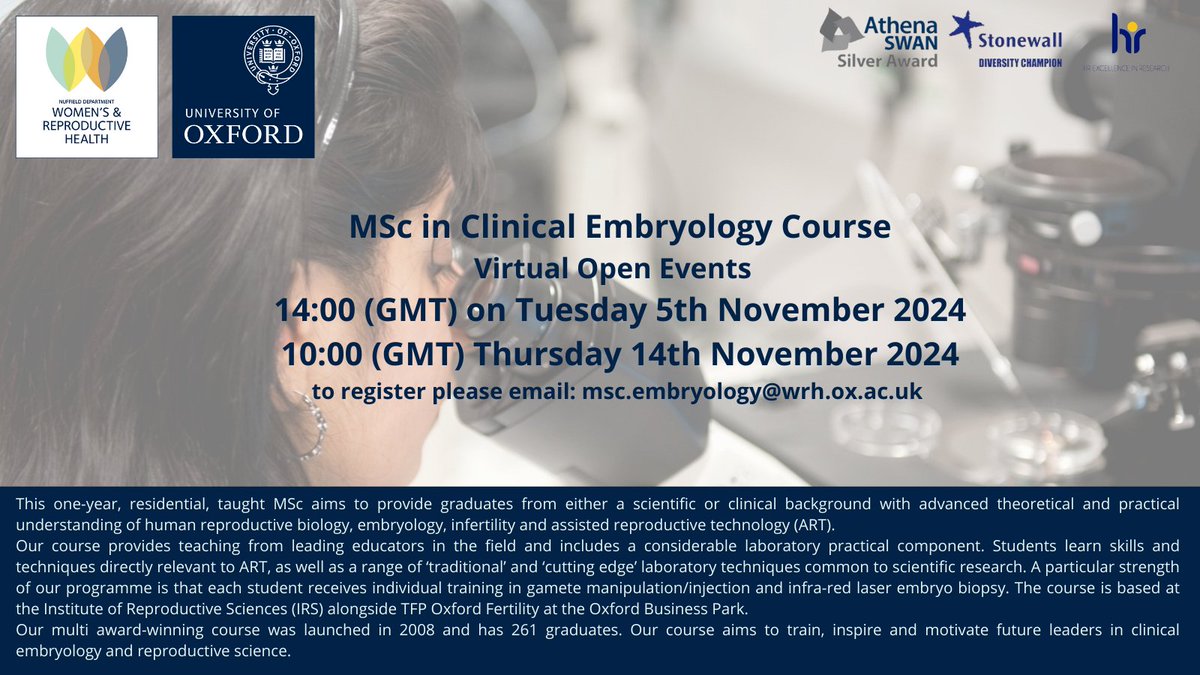MSc in Clinical Embryology, University of Oxford (@ox_msc_clinemb) on Twitter photo Missed this weeks virtual open event? We have another one next Thursday, 14th November at 10:00 am (UK time). Email msc.embryology@wrh.ox.ac.uk to register! Missed this weeks virtual open event? We have another one next Thursday, 14th November at 10:00 am (UK time). Email msc.embryology@wrh.ox.ac.uk to register!