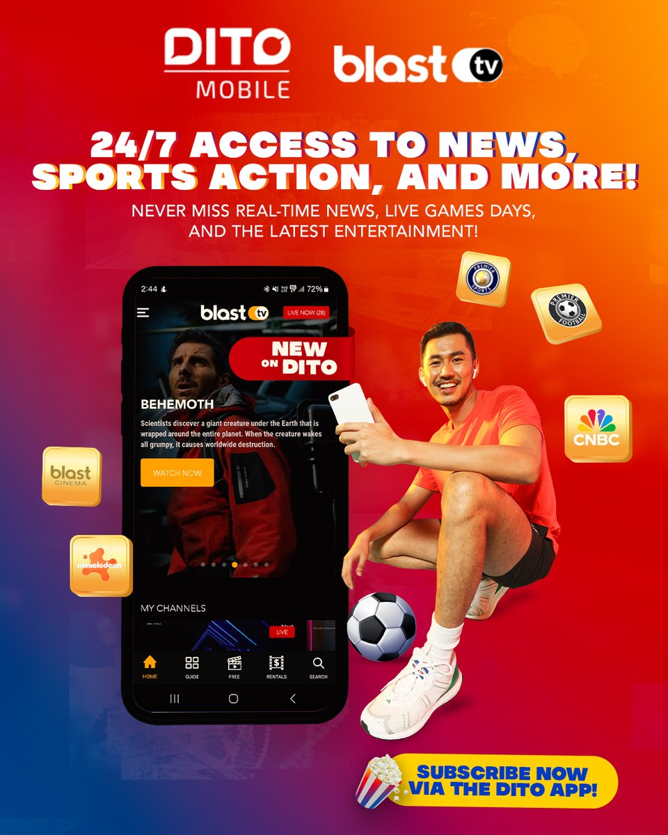 DITOphofficial's tweet photo. Coming in to your binge sessions with Blast TV and dive into a world of movies, series, live TV, and sports.

For as low as P179/30 Days, you can subscribe now and get ad-free access to all the exciting content. Visit the DITO app now: https://t.co/5c7OZrKgdf https://t.co/y01gwvZT8S