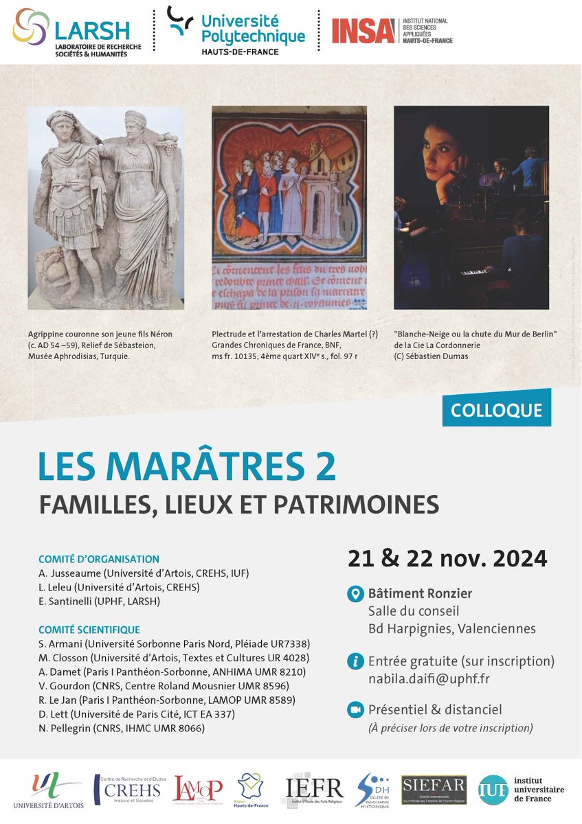 Lucie Salamor (<a href="/L_Slmr/">Lucie Salamor</a>) #doctorante participe au colloque "Les marâtres 2. Familles, lieux et patrimoines"
Les 21 et 22 novembre à <a href="/UphfOfficiel/">Université Polytechnique Hauts-de-France</a> .
🔗halma.univ-lille.fr/detail-event/l…
cc <a href="/RechercheUlille/">Recherche - Université de Lille</a> <a href="/CNRS_HdF/">CNRS Hauts-de-France</a> <a href="/MinistereCC/">Ministère de la Culture 🇫🇷</a>