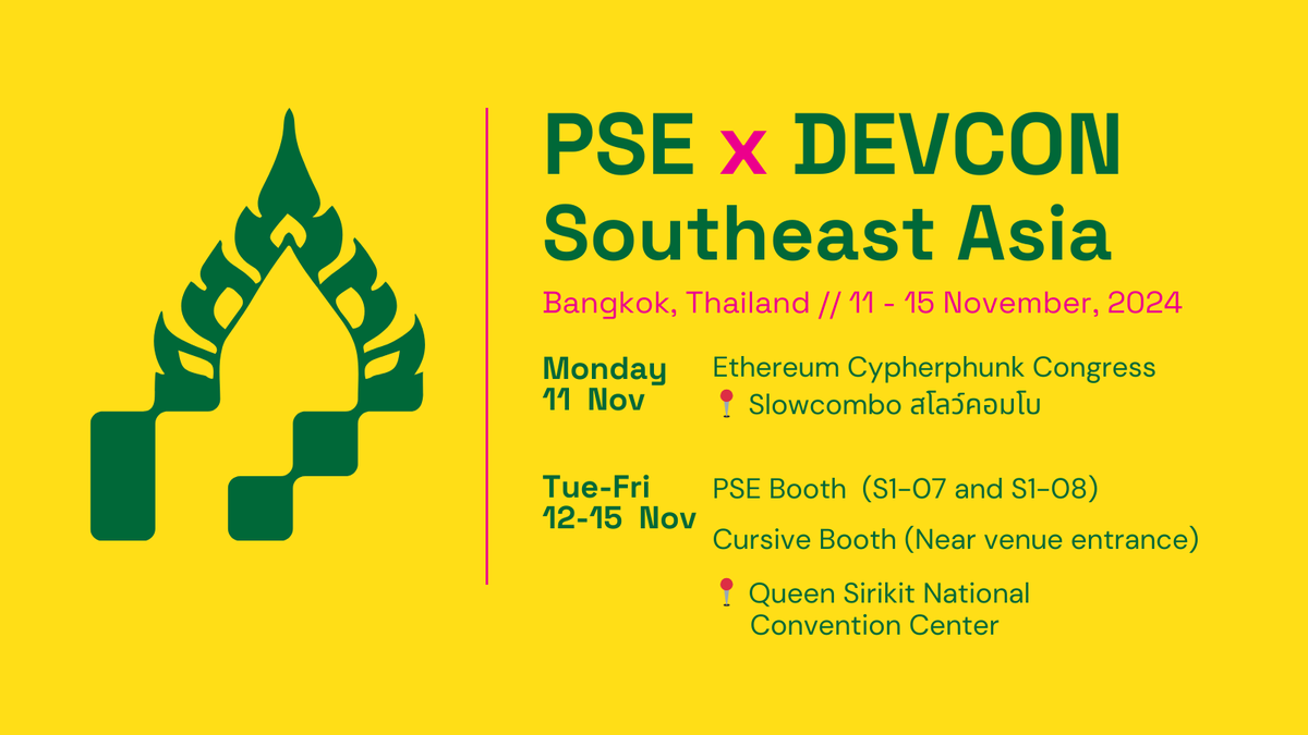 Hey Devcon community! We're excited to connect in Bangkok and collaborate on building the future of cryptography!

Come see our teams share their latest updates, and hang out with us at our Devcon booth!

Here’s where you can find us throughout the event:
tinyurl.com/psedevcon7