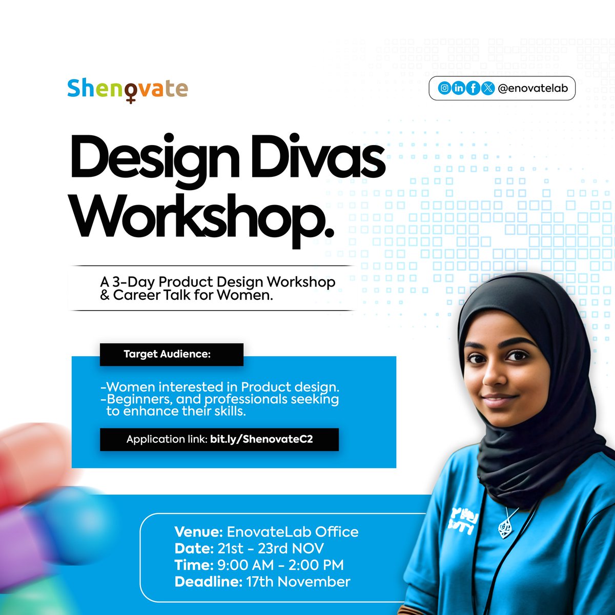 Enovatelab's tweet image. Are you a lady looking to go into tech?
Join Design Divas Workshop, a 3-day product design intensive for women!
Benefits:
- Enhanced design skills & confidence
- Practical Sessions & mentorship
- Career advancement opportunities
Apply now: bit.ly/ShenovateC2