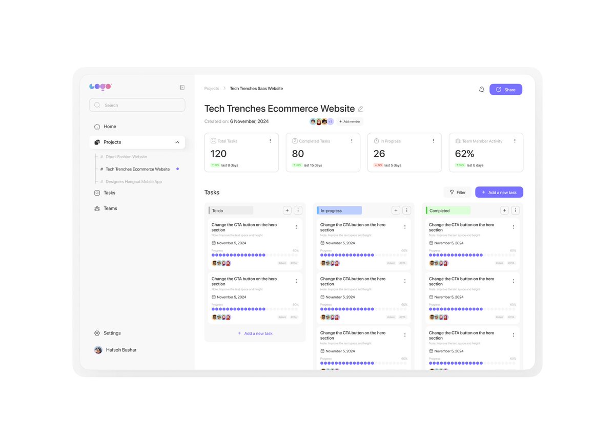 Day 2: <a href="/kemsdesigns/">Kems Designs.UI/UX | Web3 👩‍💻</a> 

Dashboard Screen (Project Management)

Sector: Project Management

Description: Create a dashboard for project tracking, showing tasks, team activity, and project progress indicators.

#design #taskmanagenent #uiux