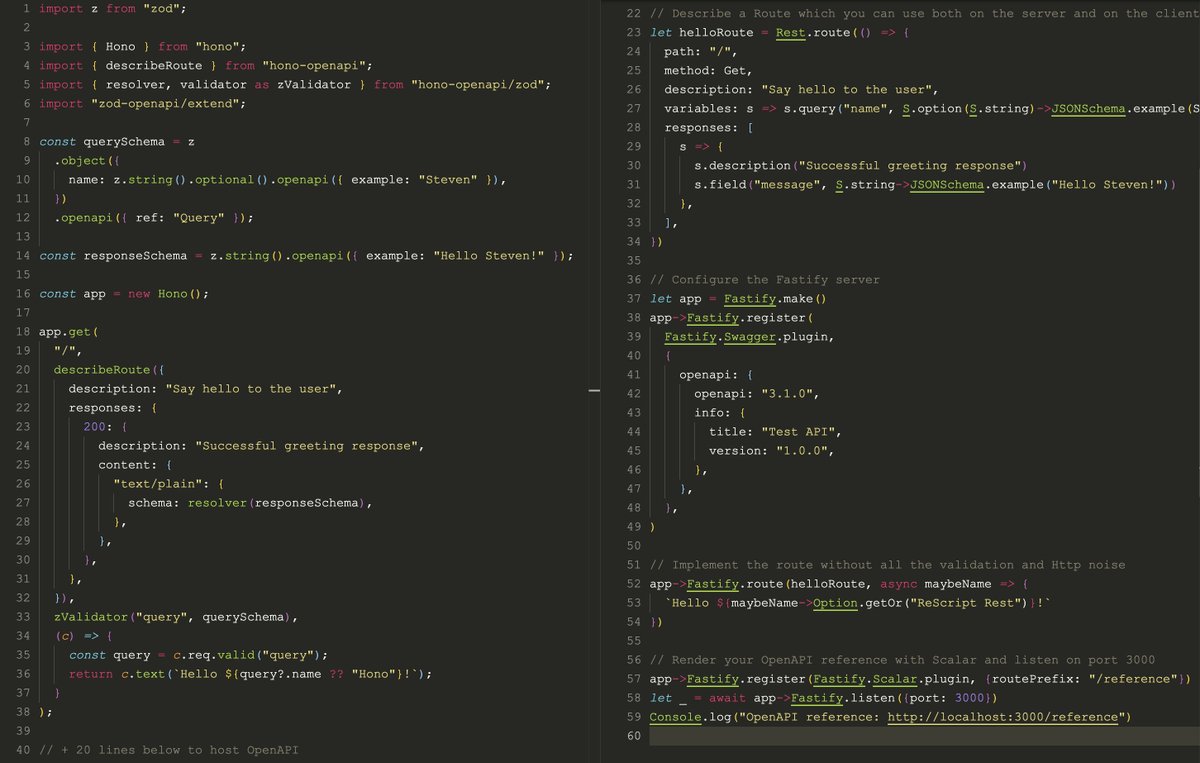 dzakh_dev's tweet photo. And here it is: ReScript Rest v1 is out on npm 😴

Just look at the comparison with @honojs on the left and @rescriptlang with @fastifyjs on the right 👇

I like how you describe a route in a single place and then implement/fetch it without caring about the transport details 🔥 https://t.co/kjBhsYupzv
