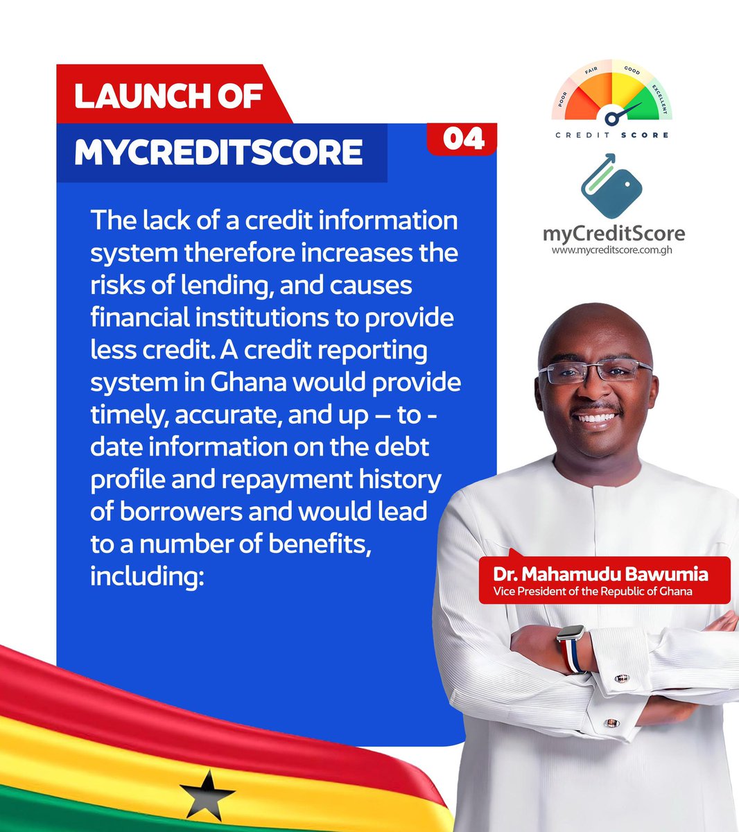 NPP_GH's tweet photo. Excerpts from VP Dr. Mahamudu Bawumiaโs (@MBawumia) speech at the launch of the Credit Scoring System in Ghana.
Thread ๐งต
#CreditScoreSystem
#Bawumia2024
#ItIsPossible https://t.co/icRue8LkNc