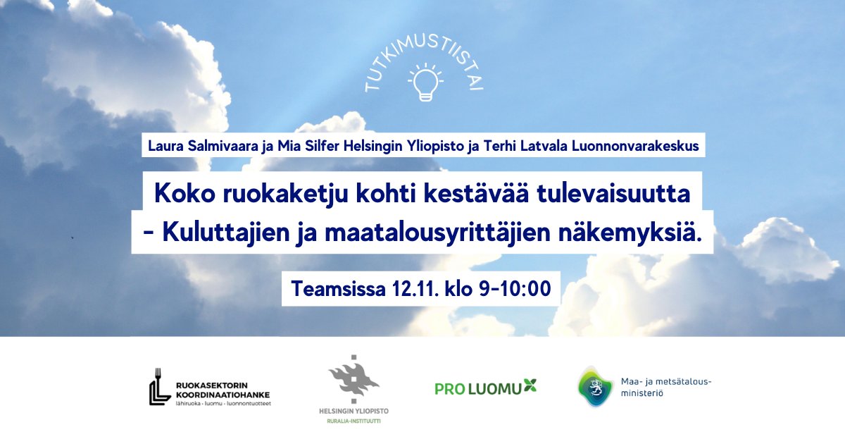 Ruokasektorin tutkimustiistai 12.11. klo 9-10. Tuloksia kuluttajilta kasvisproteiinituotteiden kulutuksesta nyt ja tulevaisuudessa sekä maatalousyrittäjien näkemyksiä ilmasto- ja ympäristötoimenpiteistä. Ilmoittaudu aitojamakuja.fi/event/tutkimus… #ruokaketju #kestävyys