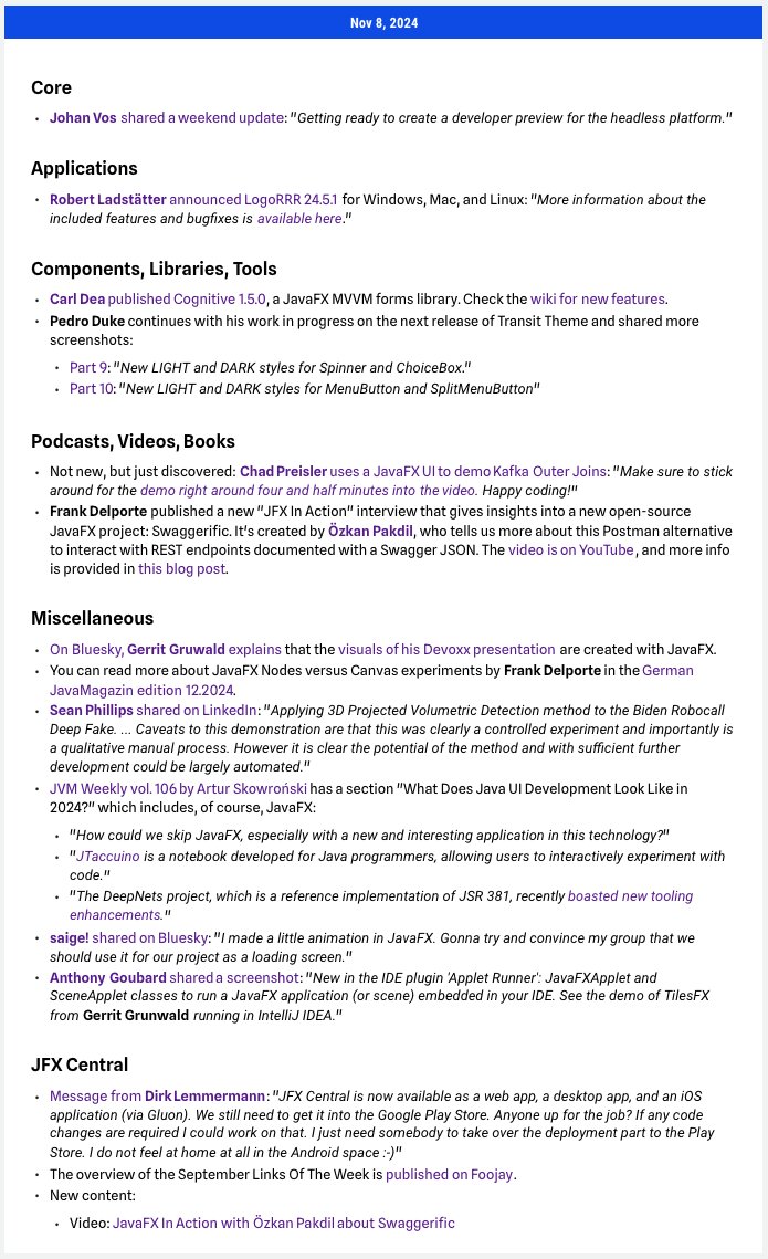 Here are the new #JavaFX #LinksOfTheWeek as published on jfx-central.com/links

Thanks to
<a href="/johanvos/">Johan Vos (https://mastodon.social/@johanvos)</a> 
@rladstaetter 
<a href="/carldea/">Carl Dea ⒻⓍ🕊</a> 
<a href="/P_Duke/">Pedro Duke</a> 
Chad Preisler
Frank Delporte
Özkan Pakdil
<a href="/hansolo_/">Gerrit Grunwald 🇺🇦🇹🇼✌🏻</a> 
<a href="/SeanMiPhillips/">Sean Phillips</a> 
<a href="/ArturSkowronski/">Artur Skowronski</a> 
saige
<a href="/Anthony_Goubard/">Anthony Goubard ☮</a> 
@dlemmermann 
<a href="/foojayio/">Foojay.io</a>