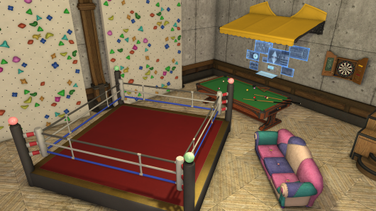 aitaikimochi's tweet image. New FFXIV housing items, a boxing ring, pool table, darts, and a bouldering wall?? Amazing