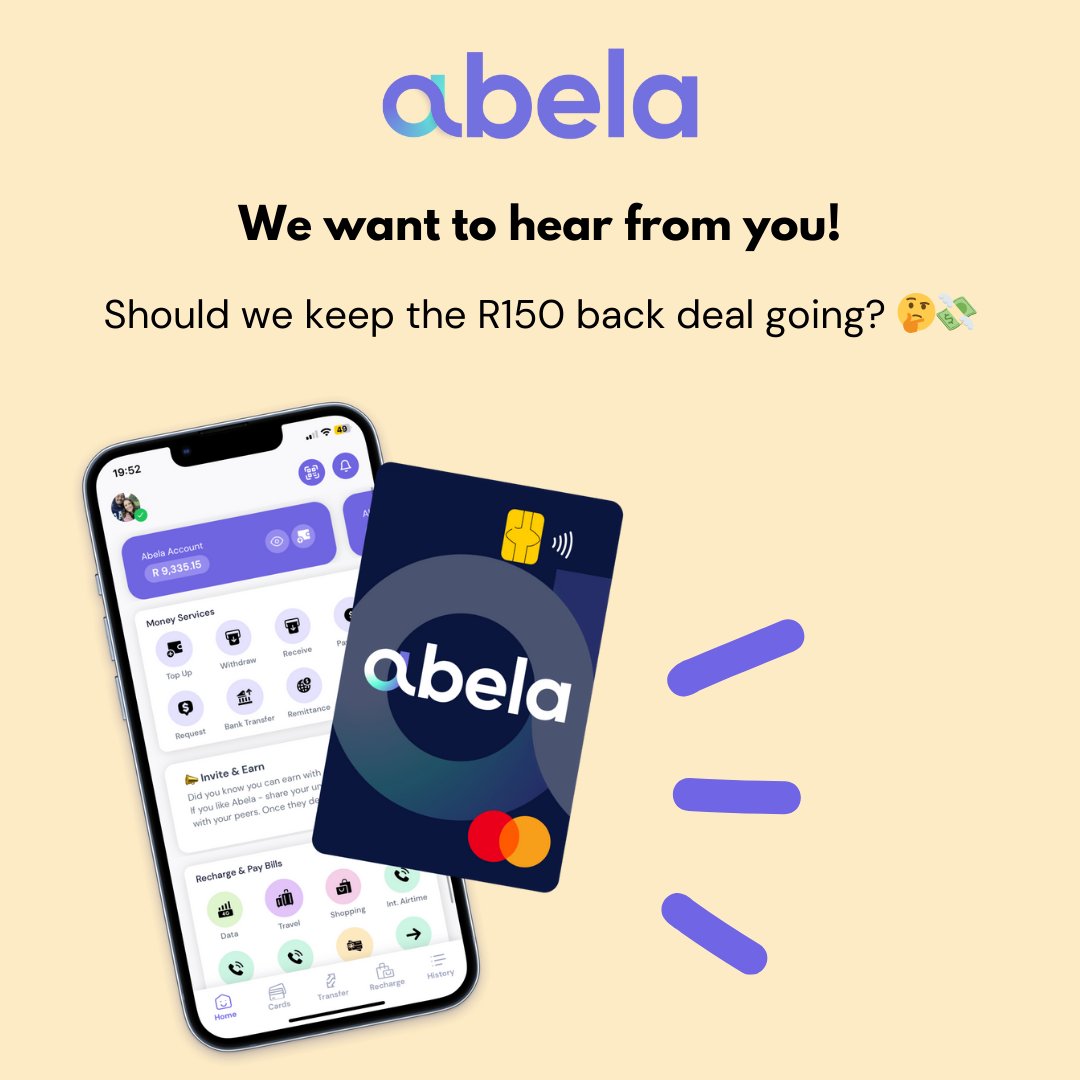abela_app's tweet photo. Hey #Abela fam! 👋🏾

We’ve loved seeing you take advantage of our R150-back deal for ordering your Abela card – but we want to hear from you! Should we keep this deal going through November? Let us know if you’d love more time to grab it! 👇🏾 https://t.co/wM5AEfFhNn