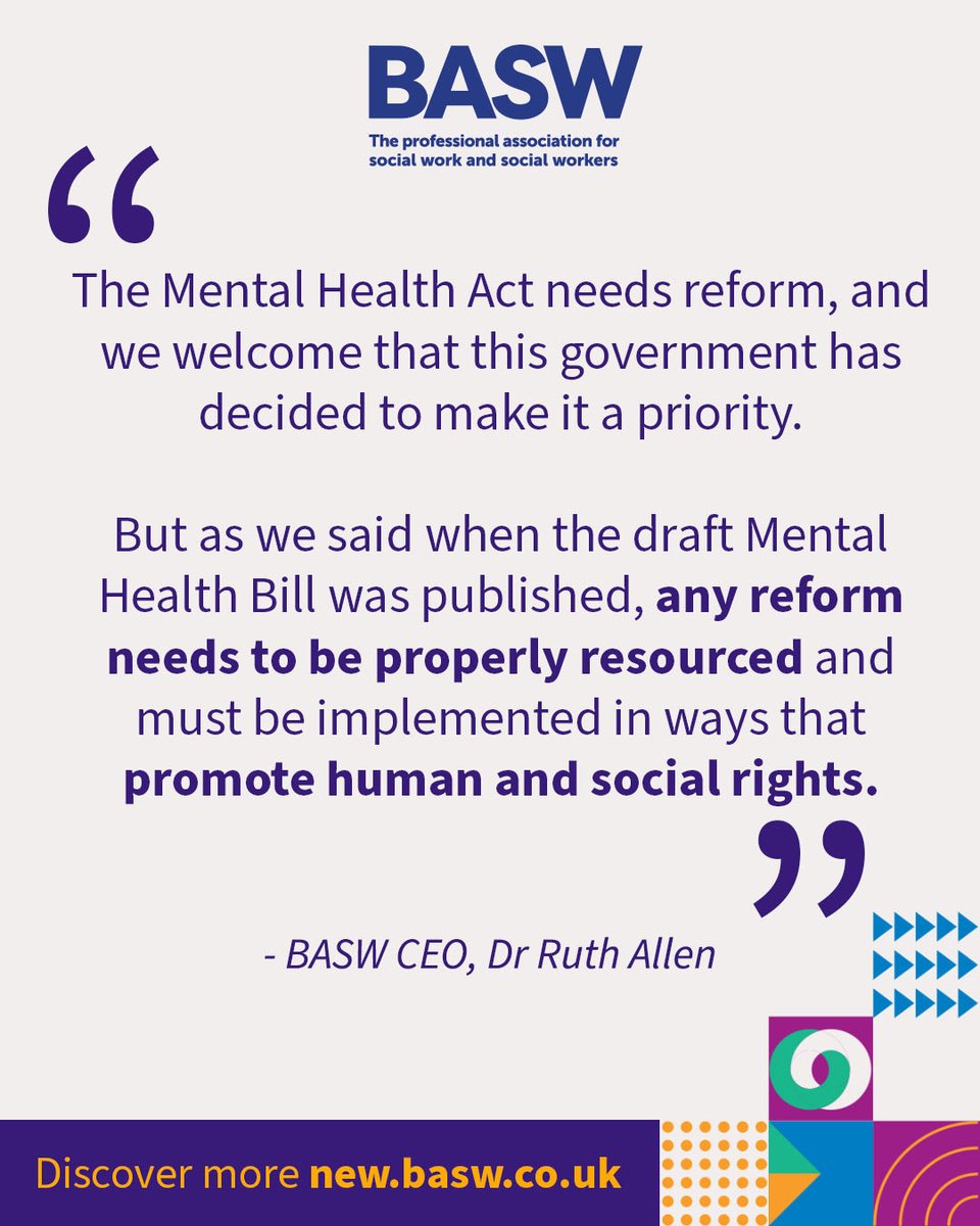 BASW (@basw_uk) on Twitter photo We're pleased to see the new UK Government commit to reforming the Mental Health Act, a key ask in our election manifesto.
While the government's proposals are welcome, there remain a number of issues that need addressed.
Read our full response š basw.co.uk/articles/new-m⦠We're pleased to see the new UK Government commit to reforming the Mental Health Act, a key ask in our election manifesto.
While the government's proposals are welcome, there remain a number of issues that need addressed.
Read our full response š basw.co.uk/articles/new-mā¦