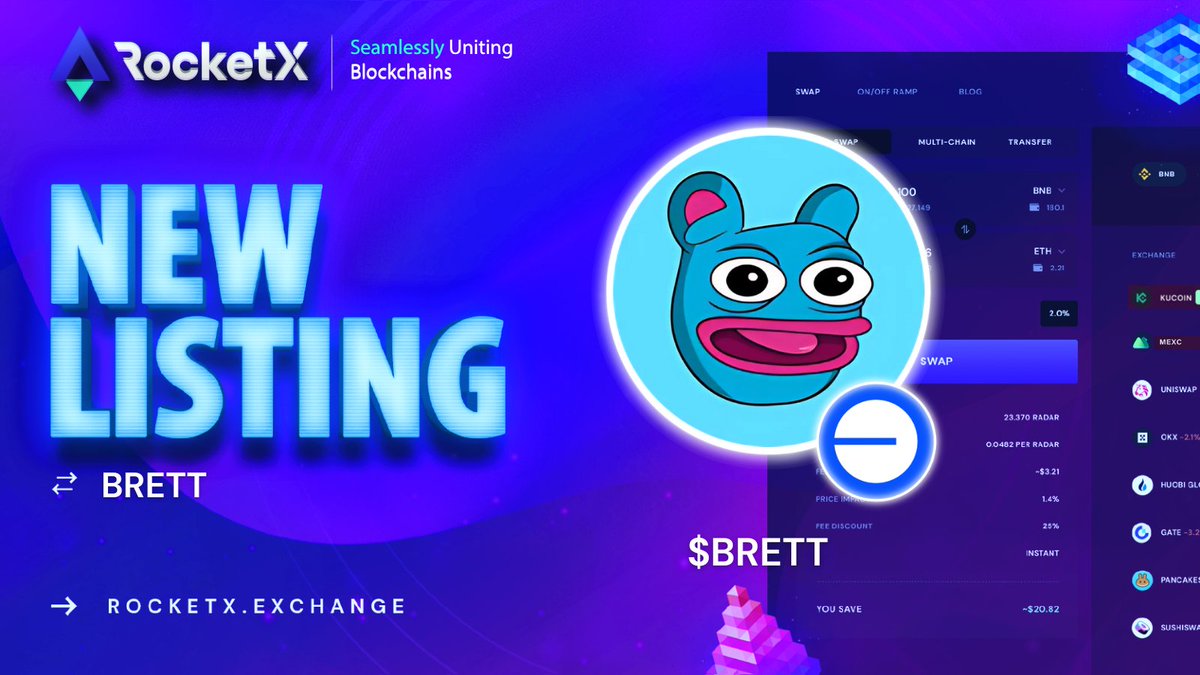 📢 $BRETT is listed on RocketX!

<a href="/BasedBrett/">Brett</a>  is a leading memecoin on <a href="/base/">Base</a> chain.

Trade it with $BTC, $ETH, $SOL and 20,000+ tokens accessible on 170+ Blockchains.

Compare live prices across 450+ Exchanges and get the best deals on every swap👇

app.rocketx.exchange/swap/BASE.base…