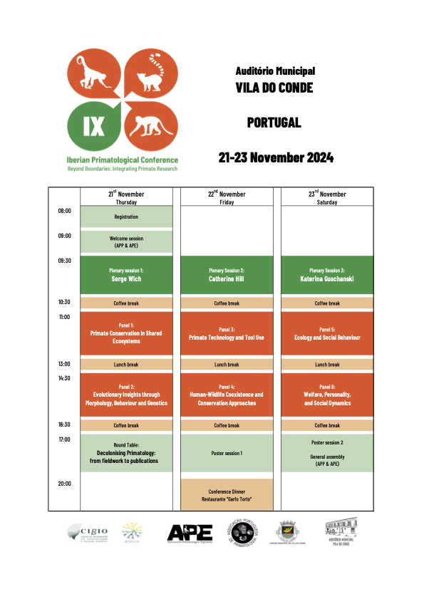 The program outline for the IX Iberian Primatological Conference is here! 🐒🌍 Join us Nov 21-23 in Vila do Conde, Portugal, for plenary sessions and panels on primate conservation, evolution, behavior, and more. #IXIPC2024 #Primatology #PrimateResearch <a href="/APEspain/">APE</a>