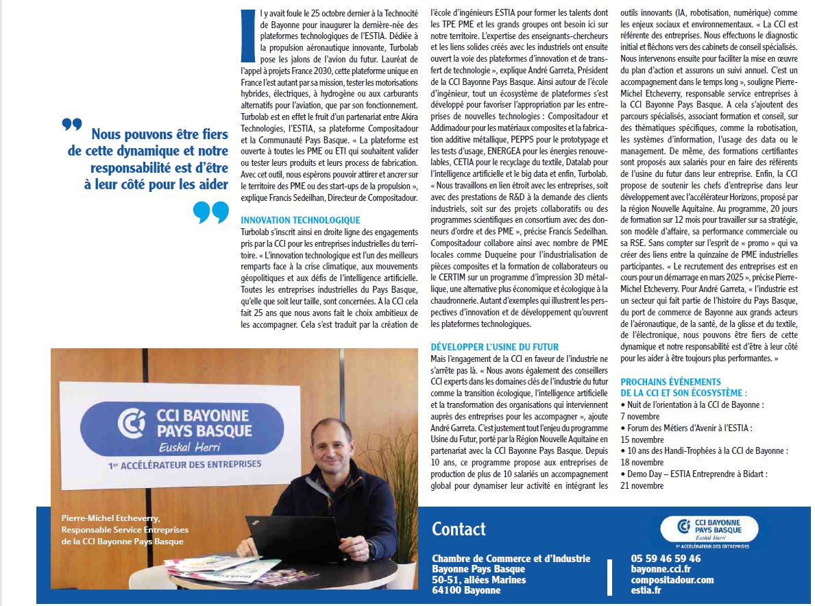 Je suis fier que la CCI agisse pour l’innovation et le développement des entreprises industrielles sur notre territoire. Un choix ambitieux depuis 25 ans ! <a href="/sudouest/">Sud Ouest</a> Akira Technologies <a href="/EstiaOfficiel/">ESTIA</a>  <a href="/NvelleAquitaine/">Nouvelle-Aquitaine</a> l'État <a href="/Prefet64/">Préfet des Pyrénées-Atlantiques</a> <a href="/AgenceRecherche/">ANR - Agence nationale de la recherche</a> <a href="/Carnot_ARTS/">Institut Carnot ARTS</a> <a href="/onera_fr/">ONERA</a> <a href="/DGAC/">Direction générale de l'aviation civile 🇫🇷🇪🇺</a>