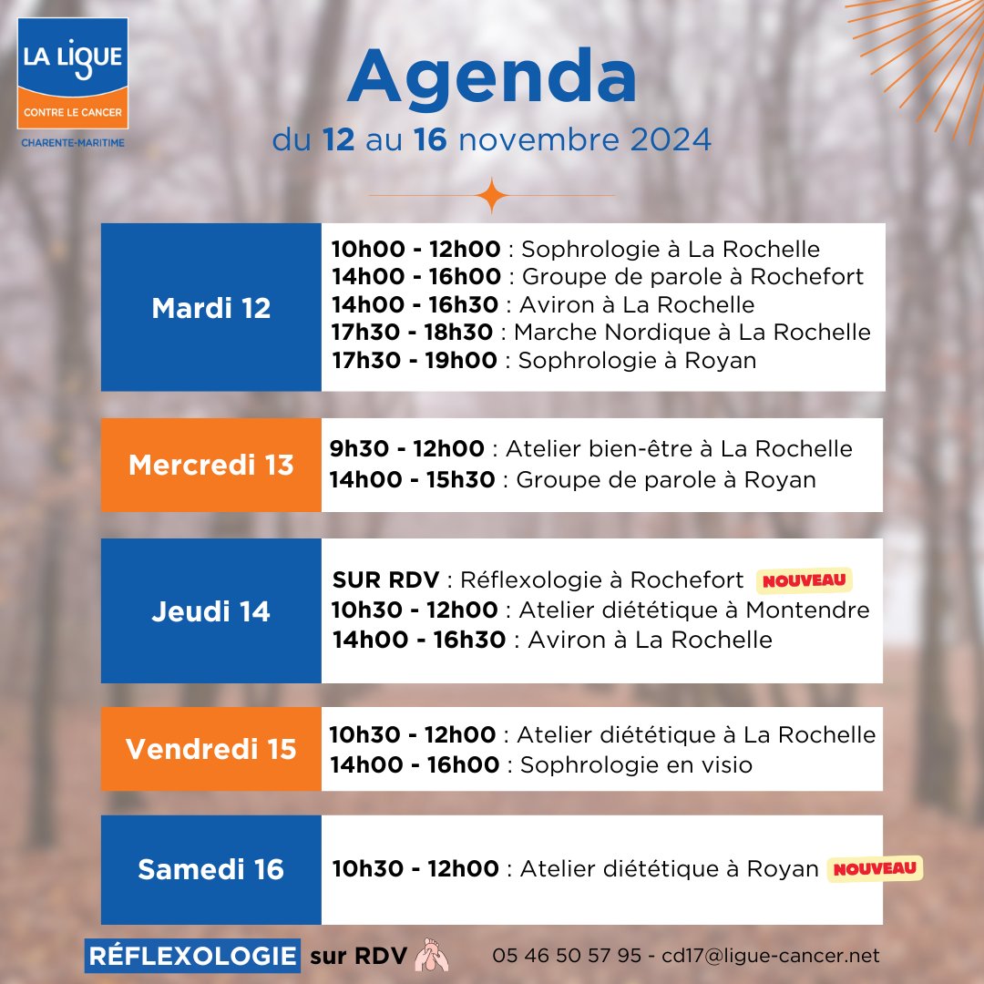 AGENDA | du 12 au 16 novembre 2024 📅
​
Au programme : sophrologie, rugby santé, atelier diététique, aviron, groupe de parole...

➡️​NOUVEAU : Réflexologie à Rochefort sur RDV et atelier diététique à Royan !