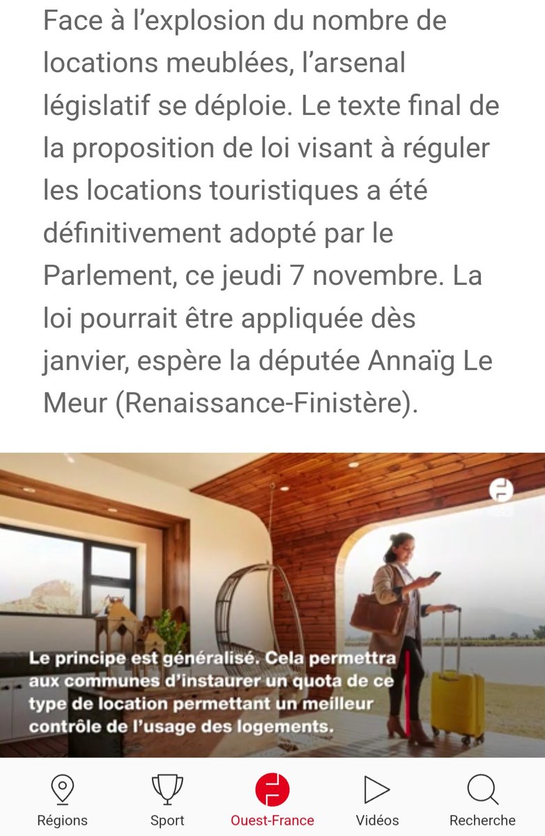 Nouvelle loi pour reguler les locations touristiques de courtes durées, quel vont être les changements?
ouest-france.fr/economie/regul…
