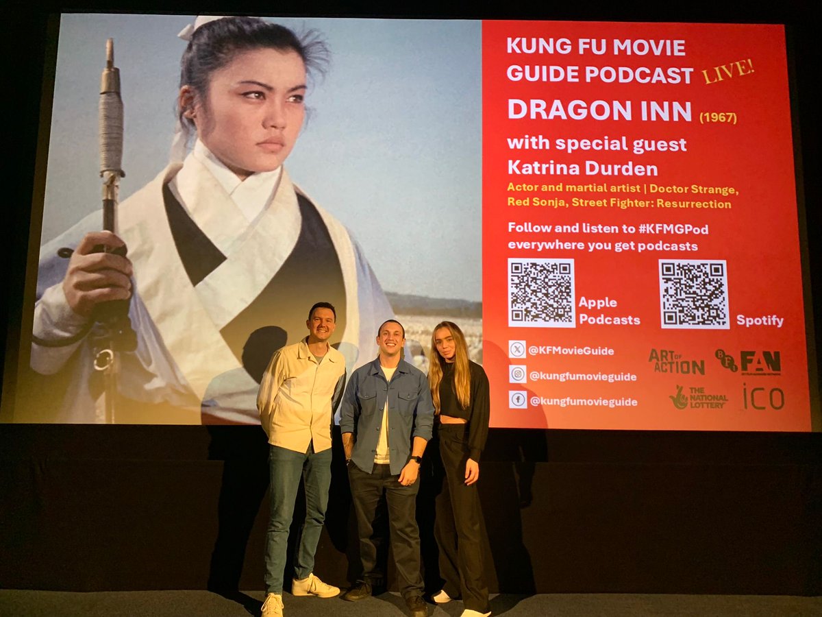 KFMovieGuide's tweet photo. A huge thank you to everyone who came out to see our first live #KFMGPod recording at the lovely @LewesDepot. @TheMikeFury and I chatted to the awesome actor and martial artist @katrinadurden, and showed the classic #DragonInn. Episode coming soon! 👊 @ICOtweets #ArtOfAction https://t.co/D7bX2KBM62