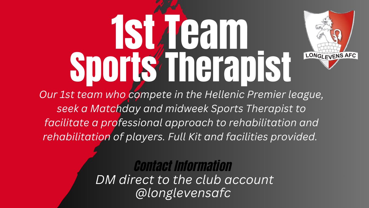 The club are on the lookout for a Sports Therapist to support the 1st team in the <a href="/HellenicLeague/">Hellenic League</a>.

Full kit and facilities provided for the candidate in a professional approach and setting. 

Contact the club for more information.