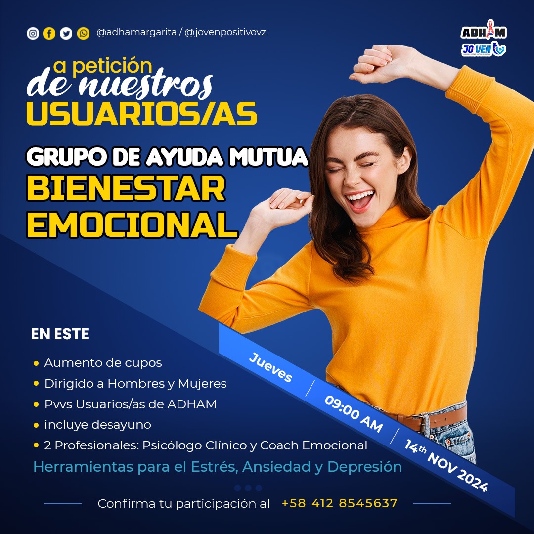 A petición de nuestros usuarios/AS/ES.
Ampliamos los cupos de participaciones.
Dirigido por dos profesionales.
Ambiente cómodo, seguro.
Sin costo.
Incluye desayuno.
#ADHAM
#ADHAMargarita
#NuevaEsparta
#Venezuela