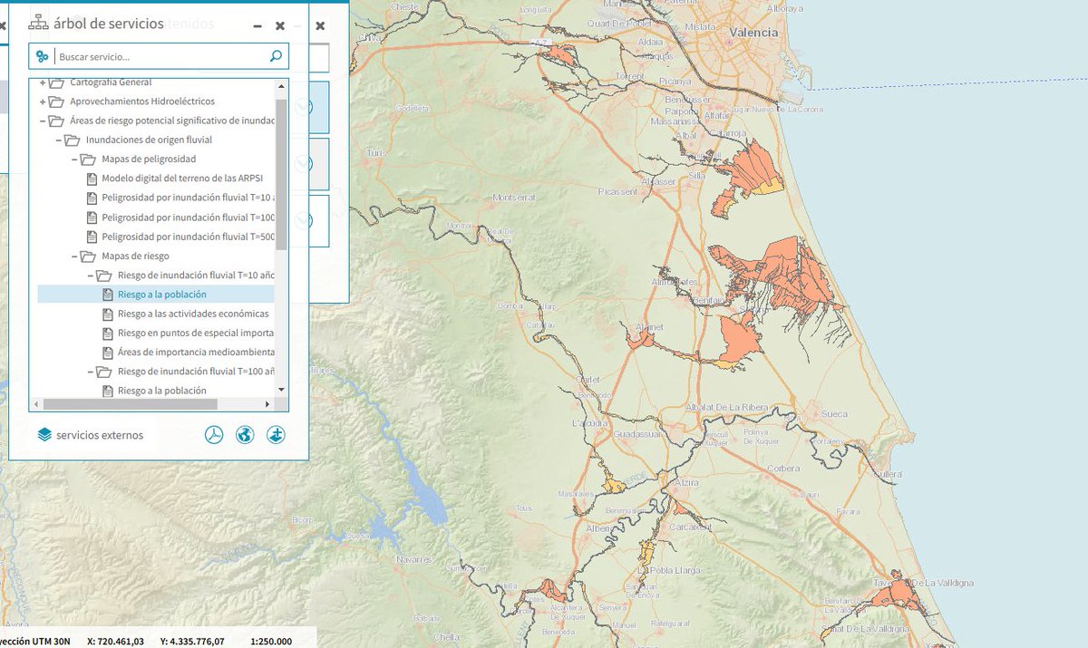 En este portal del <a href="/mitecogob/">Transición Ecológica y Reto Demográfico</a> 
Se pueden descargar los mapas de peligrosidad y riesgo de inundación en España
Mapas de peligrosidad (probabilidad) de inundación en 10/100/ 500 años en la zona del sur de Valencia y mapa riesgos (pérdida) para la población
sig.mapama.gob.es/snczi/
