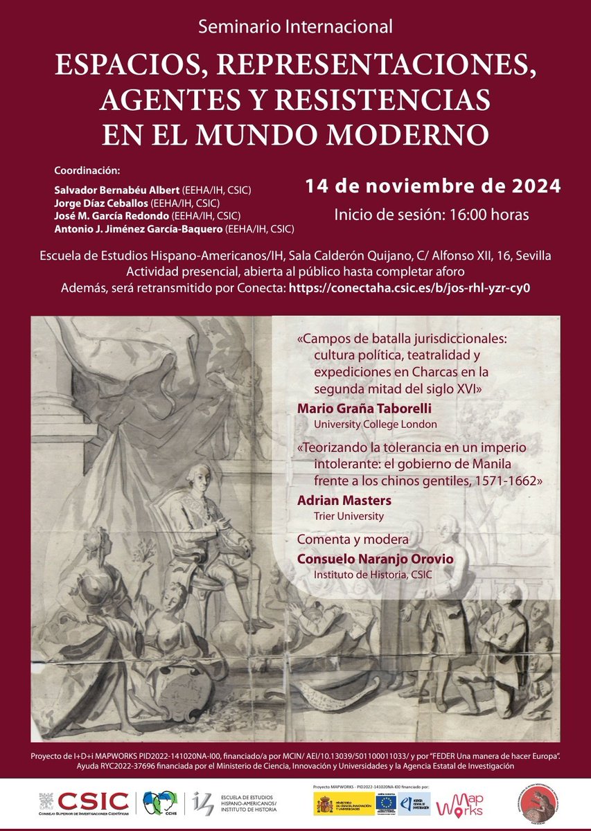 Próximo seminario "Espacios, representaciones, agentes y resistencias en el mundo moderno"
📆 14 noviembre
🕝16 h.
🏛️ EEHA-IH, CSIC, Sevilla
🗣️ Mario Graña Taborelli
🗣️ Adrian Masters
🗣️ Consuelo naranjo
🧑‍💻 conectaha.csic.es/b/jos-rhl-yzr-…
ℹ️ ih.csic.es/es/event/semin…