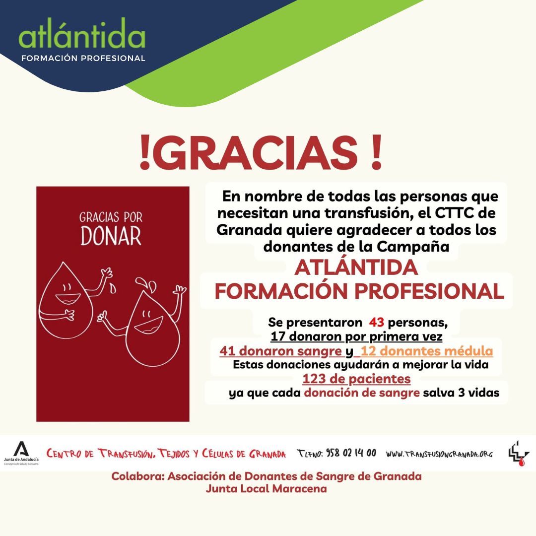 ❤️ ¡GRACIAS A TOD@S! Desde Atlántida Formación Profesional queremos agradecer de corazón a todo nuestro alumnado, profesorado y personal que participaron en la campaña de donación de sangre y médula el pasado lunes. Gracias a vuestra generosidad mejoramos la vida de 123 pacientes