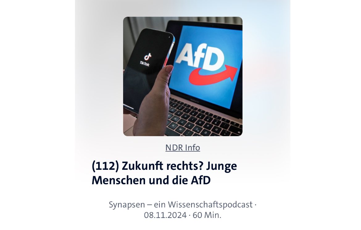 Seit Monaten wird über die Gründe des Rechtsrucks unter Jugendlichen spekuliert. Warum es für die Entwicklung viele andere Gründe als TikTok gibt und was das alles mit unserem Wirtschafts- und Gesellschaftssystem zu tun hat, erkläre ich beim NDR-Wissenschaftspodcast Synapsen.