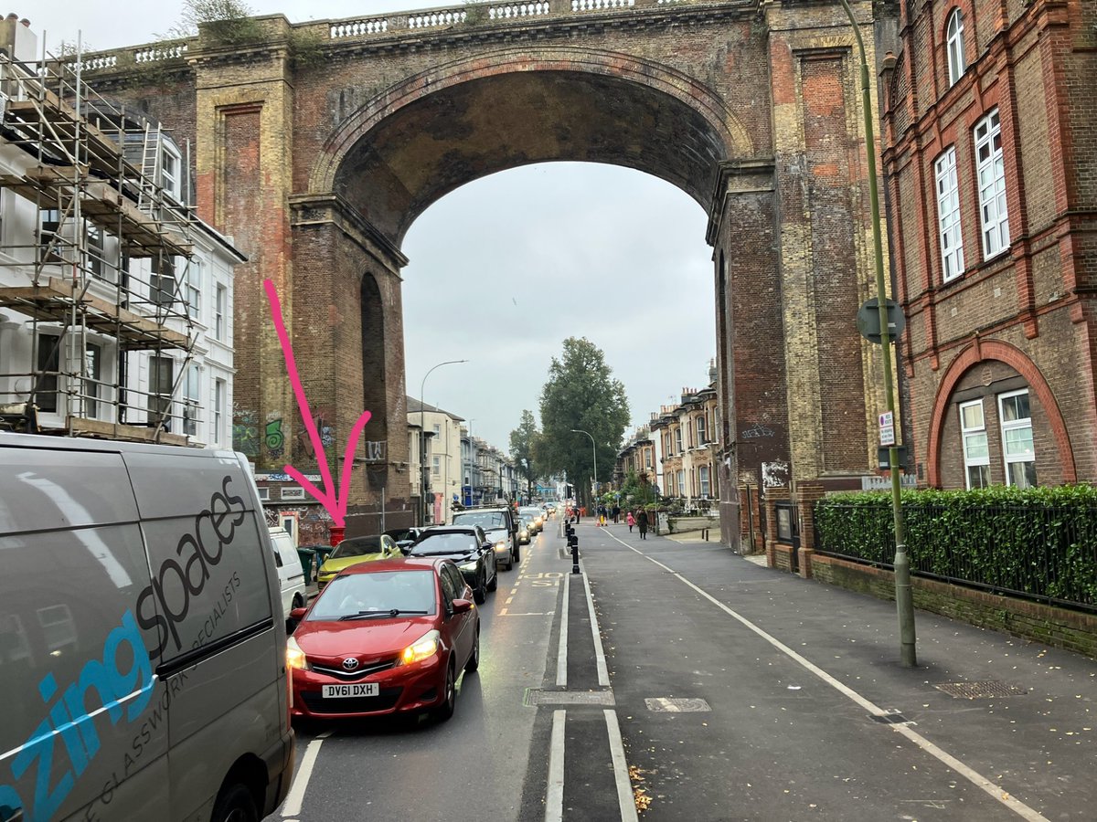 Drivers haven’t lost a lane to cycle users here. They decided they wanted a parking lane 👀👀👀 - do see alt text