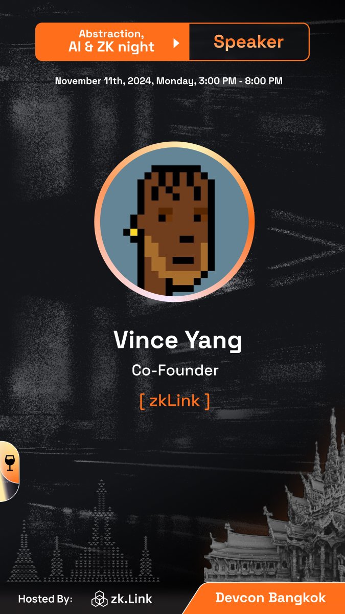 AbstractionAIzk's tweet image. We are delighted to announce that @zkVinceReal, Co-Founder of @zkLink_Official will be joining the Abstraction, #AI &amp;amp; #ZK Night during #DevCon2024!

👉RSVP: lu.ma/Abstraction-AI…

Panel: 16:50 - 17:20 GMT+8
Topic: Dawn of AI Agents: The Role of AI Agents in Web3 Ecosystem…