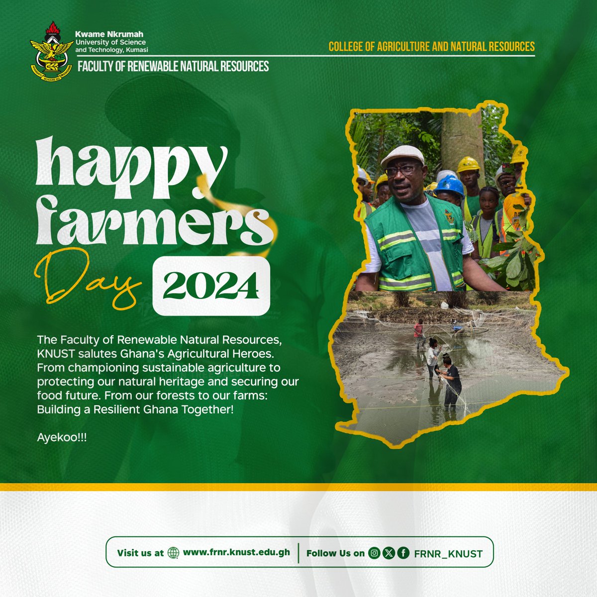 FRNR_KNUST's tweet photo. 🌾 On this National Farmers' Day, @FRNR_KNUST celebrates our agricultural champions! From research to field implementation, we're proud to support Ghana's farming communities in sustainable agriculture and aquaculture. Here's to the hands that feed our nation! 🇬🇭 https://t.co/FHoMdD6EOc