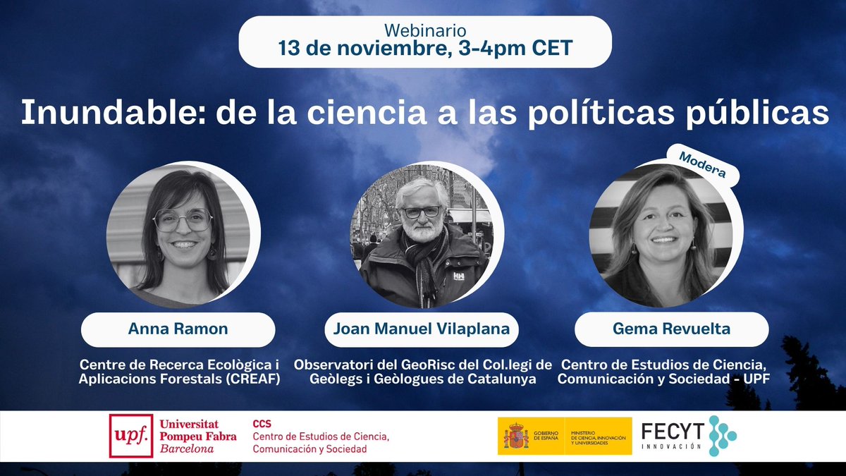 Tras la última #DANA, hablemos de soluciones basadas en ciencia.
💡 Webinario: Inundable: de la ciencia a las políticas públicas
🗓️ 13 de noviembre, 15h-16h CET
Con Joan M. Vilaplana (<a href="/COLGEOCAT/">COLGEOCAT</a> ) y Anna Ramón (<a href="/CREAF_ecologia/">CREAF</a> )

🔗¡Inscríbete ya! docs.google.com/forms/d/e/1FAI…