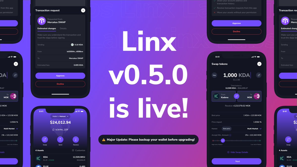 🚀 Linx Wallet v0.5.0 is here!

⚠️ Major Update: Please backup your wallet before upgrading!

✨ What's New:

- Multi-account support - manage multiple wallets in one place, you can add any of your existing @Kadena wallets

- Improved transaction history

- Performance