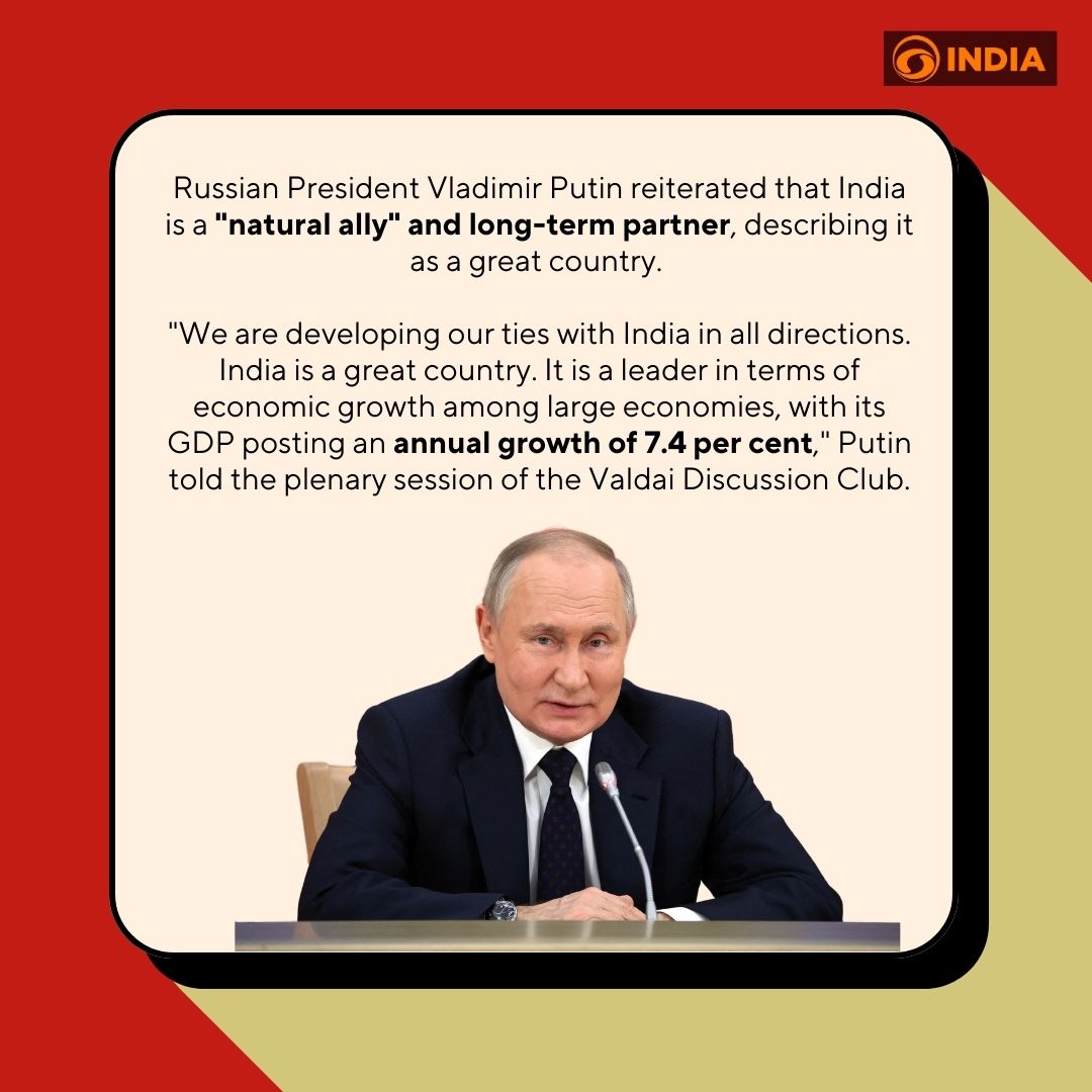 DDIndialive's tweet photo. Russian President Vladimir Putin reiterated that India is a "natural ally" and long-term partner, describing it as a great country. Know more ⏩

#Russia #putin #vladimirputin #modirussiavisit #indiarussia https://t.co/U4Mz0ngVYv