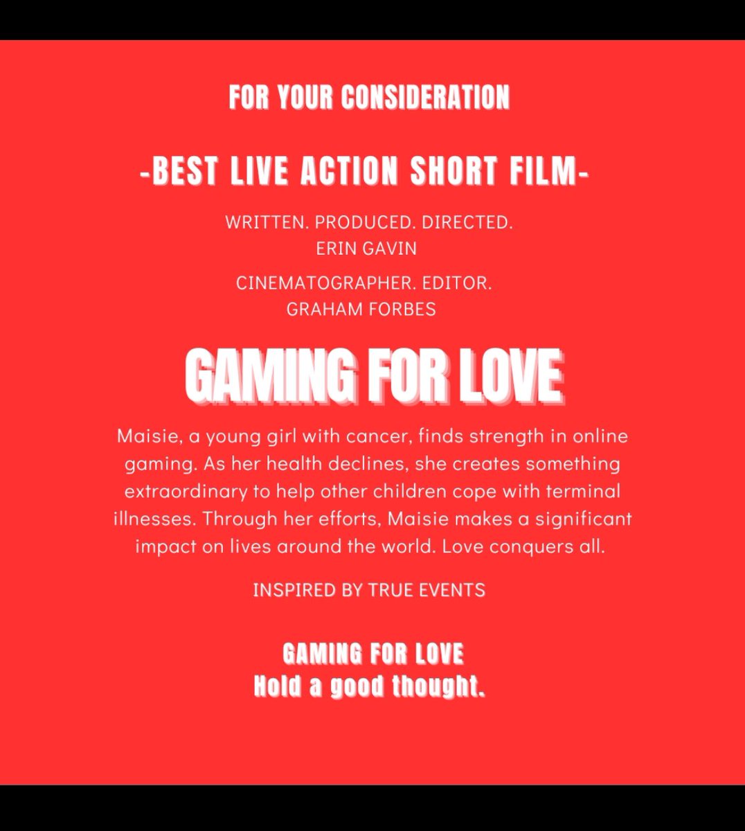 Love sharing good news twice ) 
In consideration for 
Best live action short film
#gamingforlove 
#film 
#team #eringavin