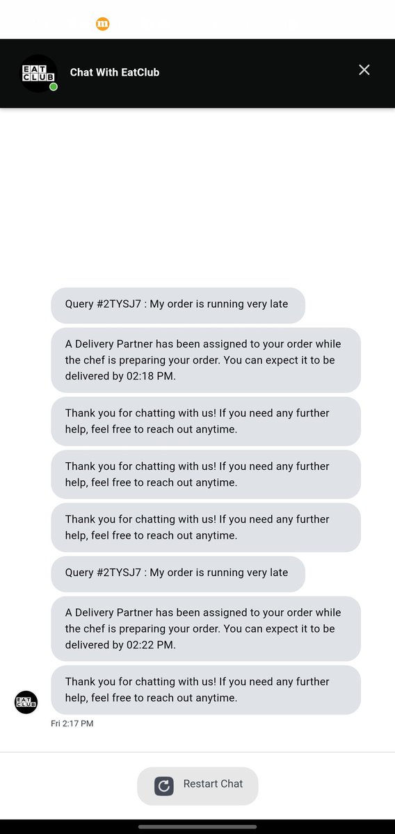 Itzani05's tweet photo. @Eatclub_ this is how you serve customer. I am not getting my food and you keep on delaying my order. Not able to talk to customer for adding this stupid AI chatbot or calling customer care also doesn't work. Ask us to reach out in chat. Never going to order again. https://t.co/7RLDqr4nPy