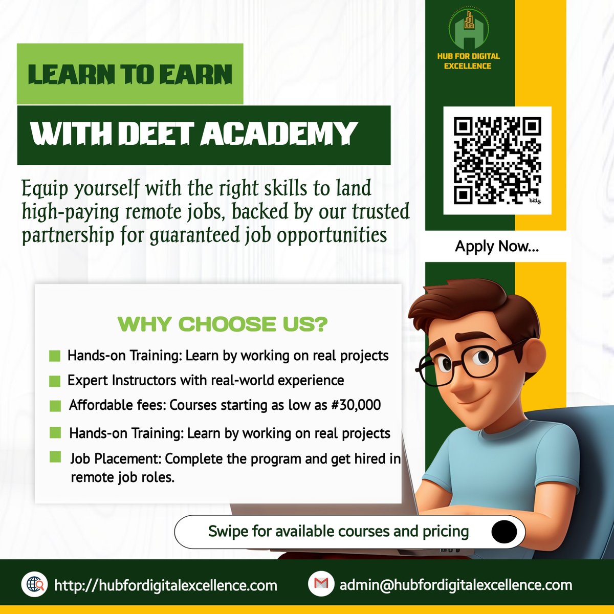 digitalexcelhub's tweet photo. Learn to Earn with DEET Academy!

Ready to land high-paying remote jobs? Equip yourself with in-demand skills through DEET Academy's hands-on training and expert-led courses, starting at just ₦30,000. Our partnership guarantees job placement for successful graduates. https://t.co/QmniHryRtl