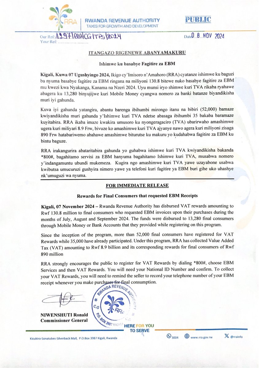 Itangazo rigenewe abanyamakuru ku itangwa ry'ishimwe ku basabye fagitire za EBM.

#Tengamara_Na_TVA
#SabaFagitireYaEBM
------------------------------------------------------
Press release on the rewards for final consumers who requested for EBM receipts.