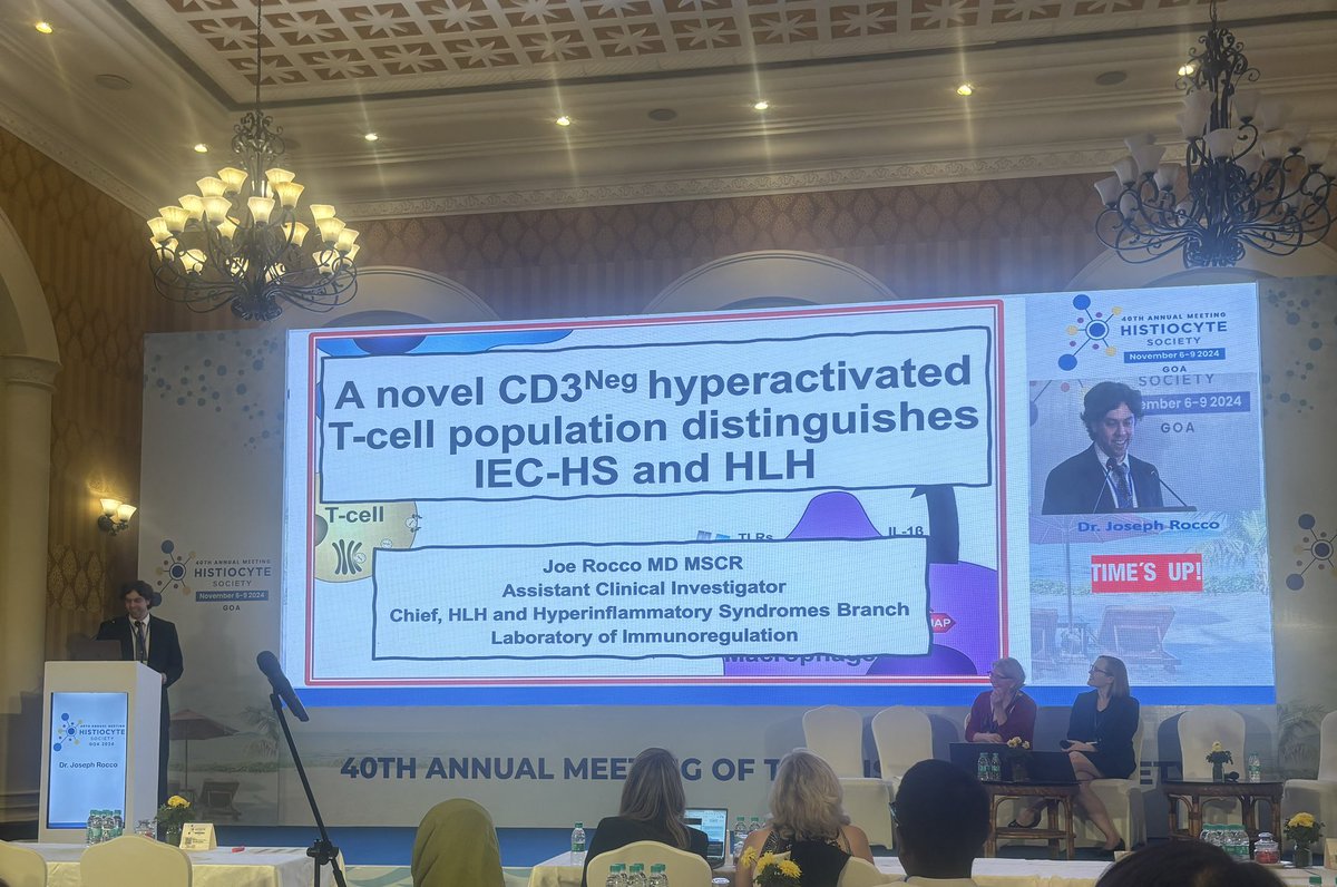 HistiocyteSoc's tweet photo. Dr. Joseph Rocco is now presenting on how a hyperactivated T-cell  population distinguishes immune effector cell-associated HLH-like syndromes from secondary HLH. #HLH #CARTcells #HSGoa2024 https://t.co/3PBnjFmoo0