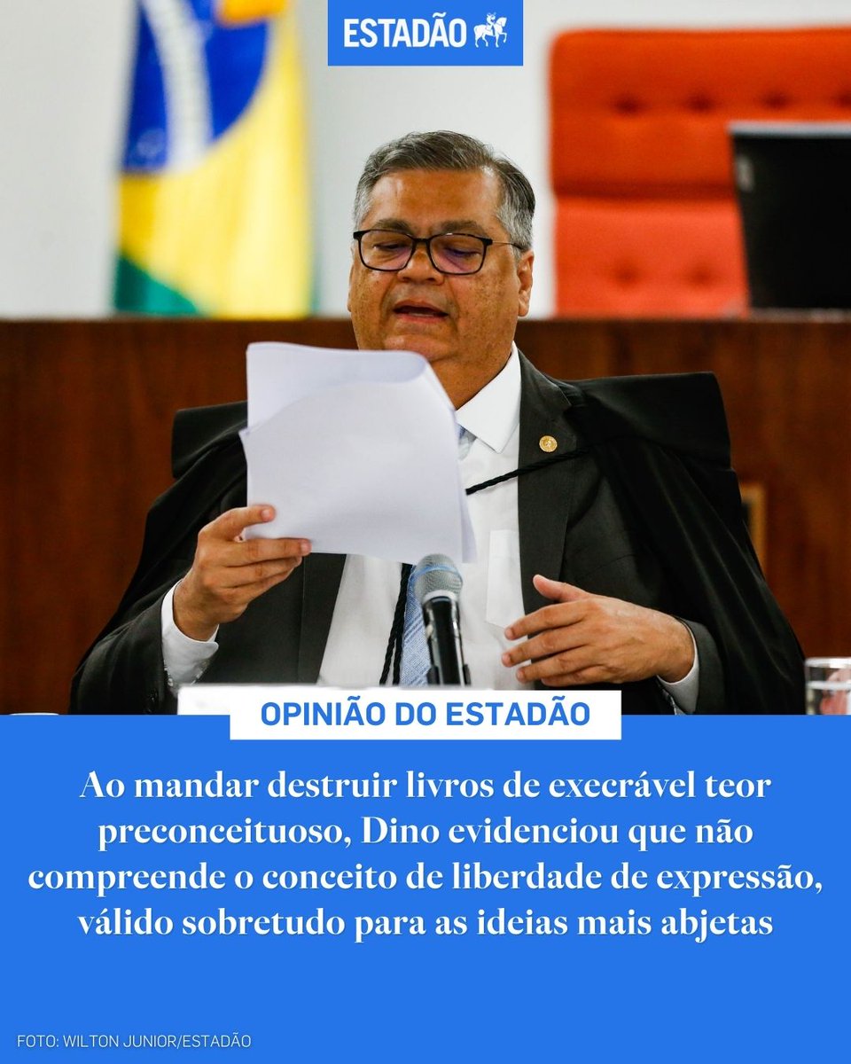Estadao's tweet photo. EDITORIAL: ‘A caneta redentora do sr. Dino’ – Na ânsia de ‘salvar’ o Brasil de seus golpistas, homofóbicos, misóginos ou coisa que o valha, o STF se presta a um apagamento histórico que é típico de regimes autoritários https://t.co/yxFZsJ8v2e https://t.co/GDoiLPSGk5