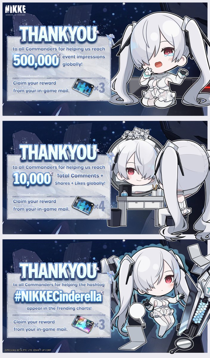 NIKKE_en's tweet photo. 【Cinderella In the Mirror Event Mission Complete】

With the help of Commanders, we've achieved our goals!

Cinderella felt the enthusiasm from all Commanders and started her beautiful day!

1. Event Impressions reached 500,000 globally √ 
2. Total Comments + Shares + Likes reached 10,000 globally √
3. #NIKKECinderella made it into regional Trending charts √

🎁 To thank all Commanders, we are distributing Recruit Voucher *7 and Advanced Recruit Voucher *3. Please claim your rewards in the in-game mail!

📅 Claim Period: 
11/8 18:00 ~ 11/21 23:59 (UTC+9)

*Reward distribution may take longer than expected.

#NIKKECinderella 
#CinderellaInTheMirror 
#NIKKE2ndAnniversary 
#NIKKE