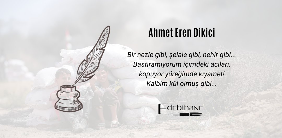 Bir nezle gibi, şelale gibi, nehir gibi...
Bastıramıyorum içimdeki acıları,
kopuyor yüreğimde kıyamet!
Kalbim kül olmuş gibi...

(Birinci sayımızdan)