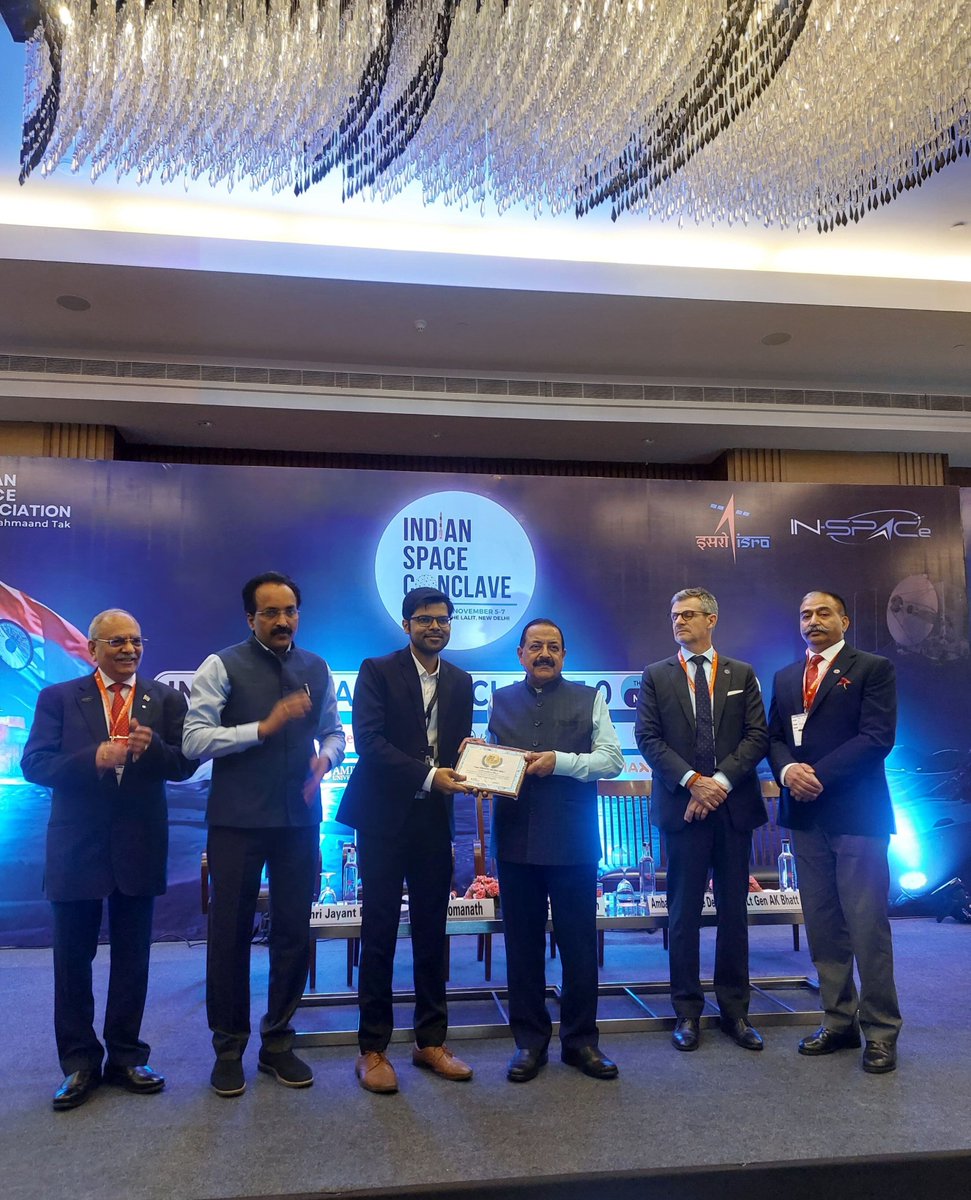 PixxelSpace's tweet photo. Exciting highlights from Pixxel at the #IndianSpaceConclave 2024 in Delhi! Our CEO, @awaisahmedna, joined a panel on Cybersecurity & AI in space, exploring the future of space tech. We’re also honored to receive the Excellence in Developing the Space Ecosystem award! 🚀 https://t.co/boJBDOzmoF