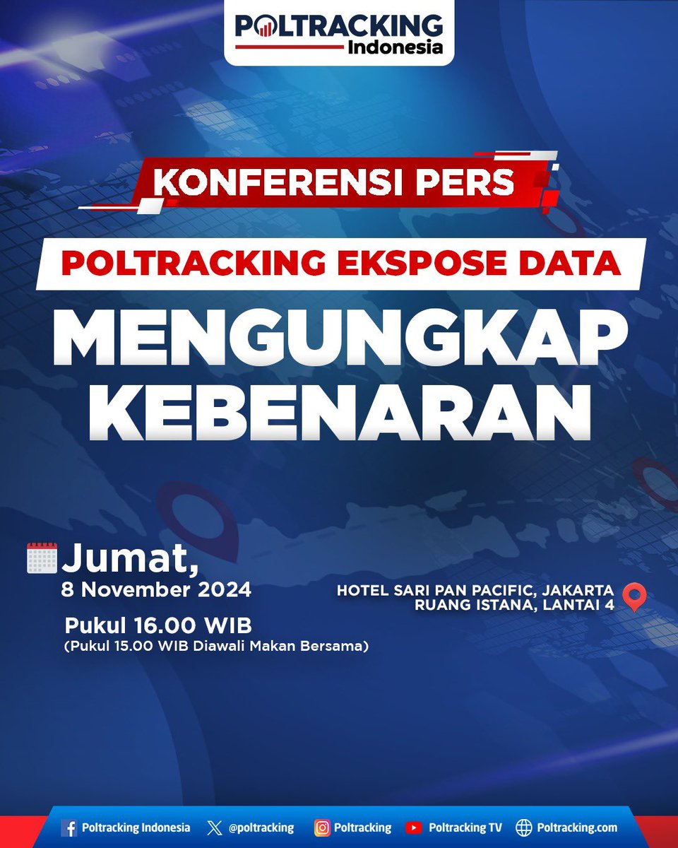 Undangan Konferensi Pers:
POLTRACKING EKSPOSE DATA MENGUNGKAP KEBENARAN

Lokasi: Hotel Sari Pan Pacific, Jakarta, Ruang Istana, Lantai 4

Narahubung:
M. Aditya Pradana
(081294084328)