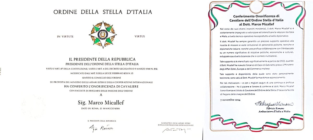 micallef_marco's tweet photo. Honored to have been presented by the Ambassador of Italy to Malta H.E. Fabrizio Romano the honor and title of Knight of the Order of the Star of Italy conferred by H.E. the President of the Italian Republic Sergio Mattarella on the recommendation of the Italian Ministry for Foreign Affairs and International Cooperation.

Grateful that my behind the scenes work, especially during the past two years as Head of Secretariat of the Deputy Prime Minister and Minister for Foreign and European Affairs and Trade Hon. Ian Borg has been recognised by the Italian authorities as one that is conducive towards various successful political, technical and diplomatic engagements between the two countries.

Looking forward to continue building on this close collaboration for the benefit of our countries and peoples 🇲🇹🇮🇹