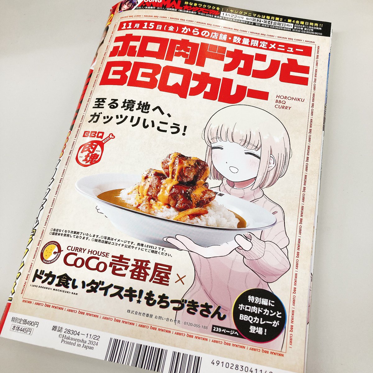 ヤングアニマル22号の裏表紙には #ホロ肉ドカンとBBQカレー の広告も