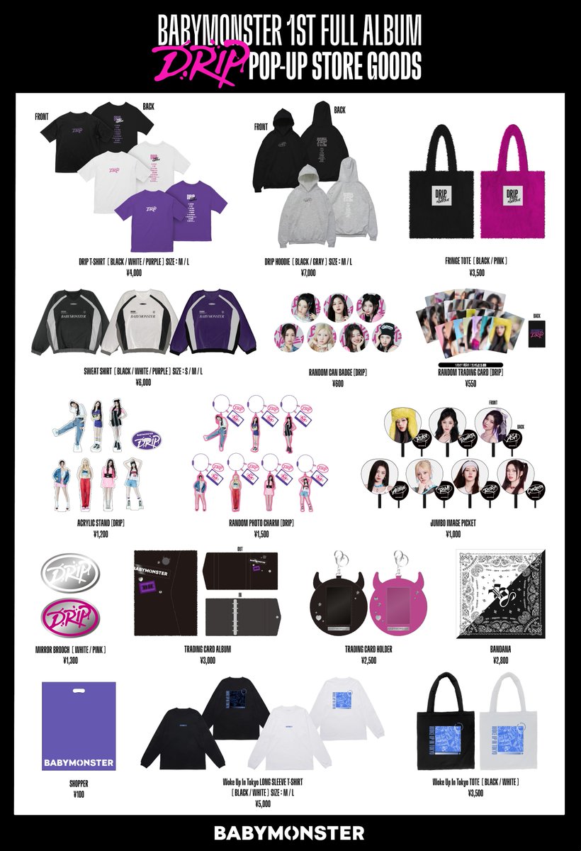 _BABYMONSTER_JP's tweet photo. [🛒] #BABYMONSTER_INFO

❤️˖° ┈┈┈┈┈┈┈┈┈┈┈┈
BABYMONSTER
1st FULL ALBUM [DRIP]
発売記念グッズ EC販売決定😈💕
┈┈┈┈┈┈┈┈┈┈┈┈ °˖❤️

11/16(土) ~ 11/28(木)開催のPOP-UP STOREのグッズ通販が決定❣️
只今より販売スタート💜
※お届けは12月以降となります⚠️

🛒BABYMONSTER ONLINE SHOPをチェック
🔗 https://t.co/AKVi1sIw8v

#BABYMONSTER #1stFULLALBUM #DRIP #DRIP_GOODS
#BABYMONSTER_109