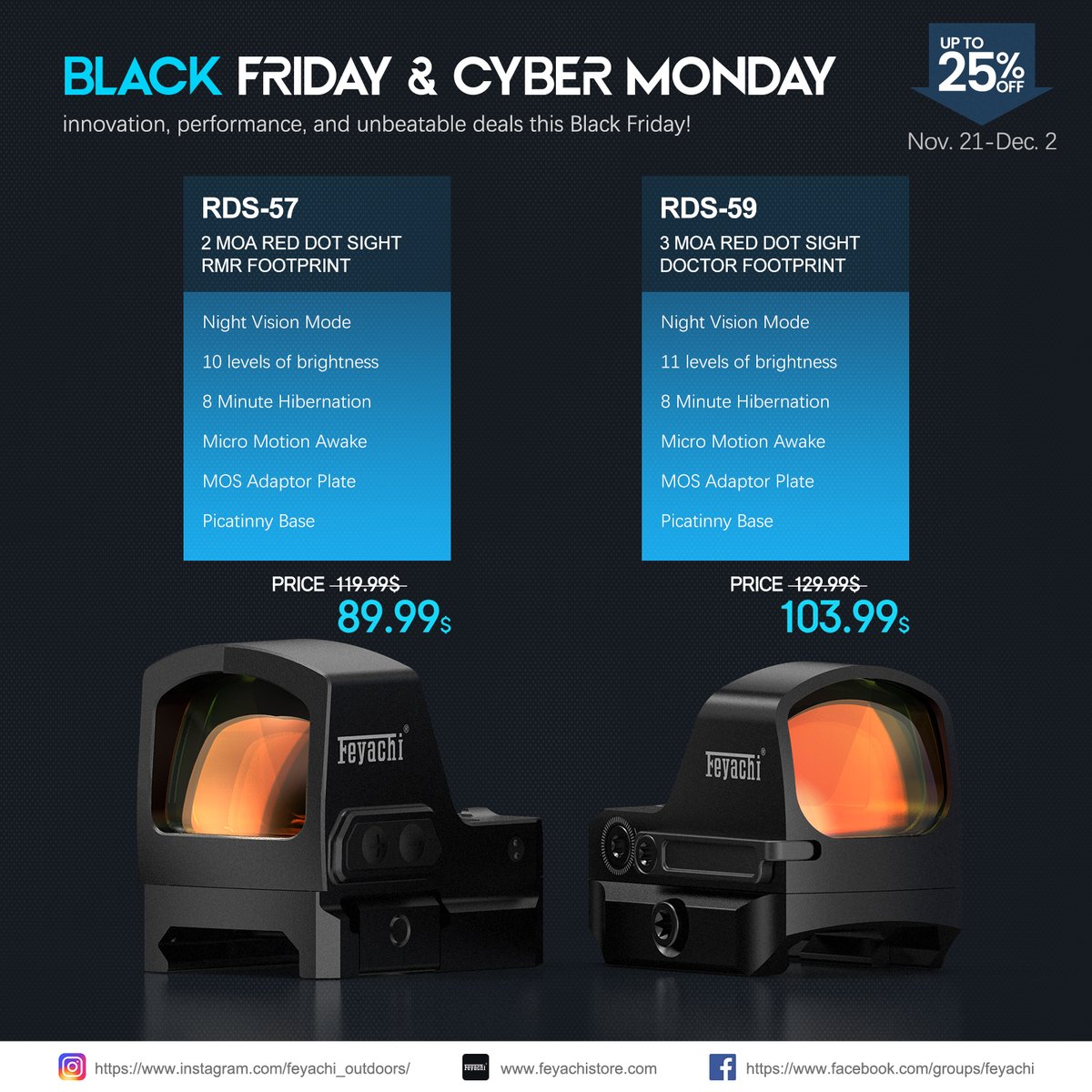 Feyachi_store's tweet image. 🎯 Double the Deals on Our New Pistol Red Dots! 🎯
Enjoy 35% OFF one model and 20% OFF the other—perfect for any budget and skill level. Grab yours while these Black Friday deals last! 🎉
#Feyachi #BlackFriday #RedDotSights #FeyachiDeals #PrecisionShooting #UpgradeYourGear