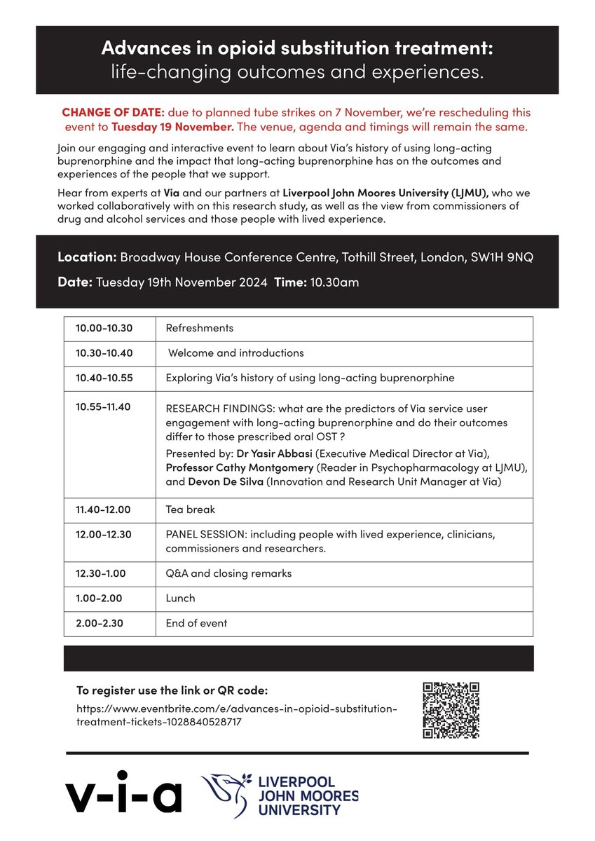 Via (@viaorg_) on Twitter photo 📣 CHANGE OF DATE: this event has been rescheduled to Tuesday 19 November with our partners at <a href="/LJMUResearch/">LJMUResearchSupport</a>. The venue, agenda and timings will remain the same.
Sign up below:
eventbrite.co.uk/e/advances-in-…
#TeamVia #AlcoholAndDrugSupport 📣 CHANGE OF DATE: this event has been rescheduled to Tuesday 19 November with our partners at <a href="/LJMUResearch/">LJMUResearchSupport</a>. The venue, agenda and timings will remain the same.
Sign up below:
eventbrite.co.uk/e/advances-in-…
#TeamVia #AlcoholAndDrugSupport