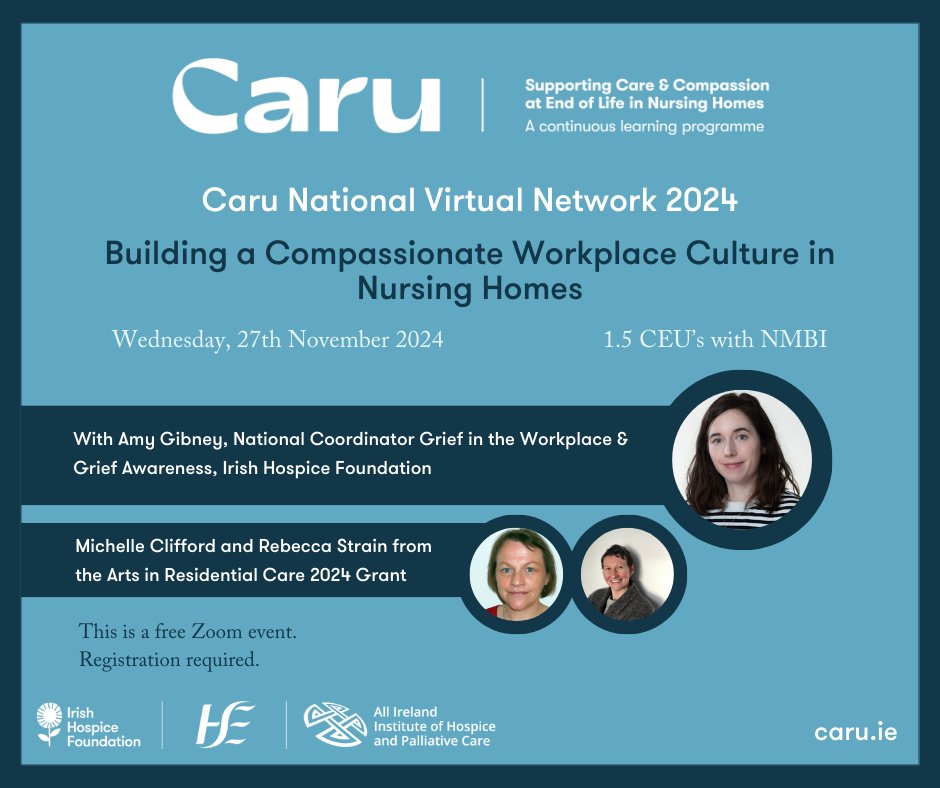 Register now for the Caru Virtual Network of 2024: 
Building a Compassionate Workplace Culture in Nursing Homes

Register below: 
tab.so/caru-virtual-n…

1.5 CEU’s with NMBI
<a href="/AIIHPC/">All Ireland Institute of Hospice & Palliative Care</a> <a href="/HSELive/">HSE Ireland</a> <a href="/IrishHospice/">Irish Hospice Foundation</a> <a href="/MilfordLmkCC/">Milford Care Centre</a>