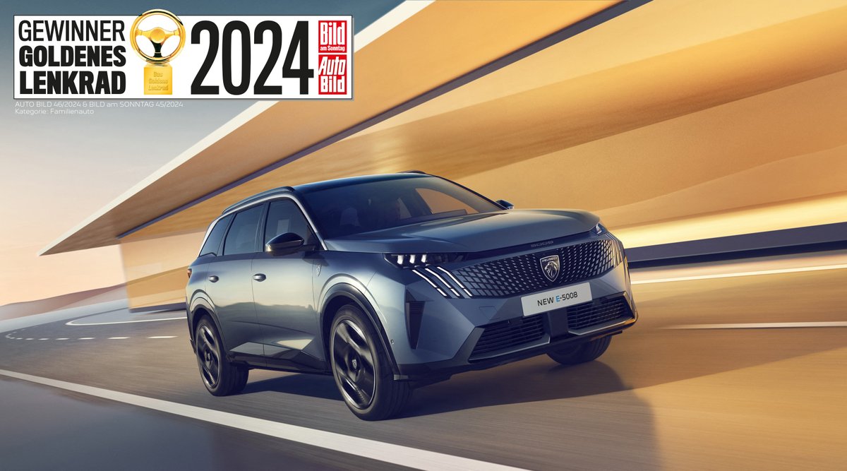 Last night in Berlin, the #PeugeotE5008 picked up the Best Family Vehicle prize at the prestigious 2024 Golden Steering Wheel awards. The prize is voted for by an expert jury and readers of <a href="/autobildlive/">AUTO BILD</a> and #BildAmSonntag and our class-above large electric SUV impressed with its