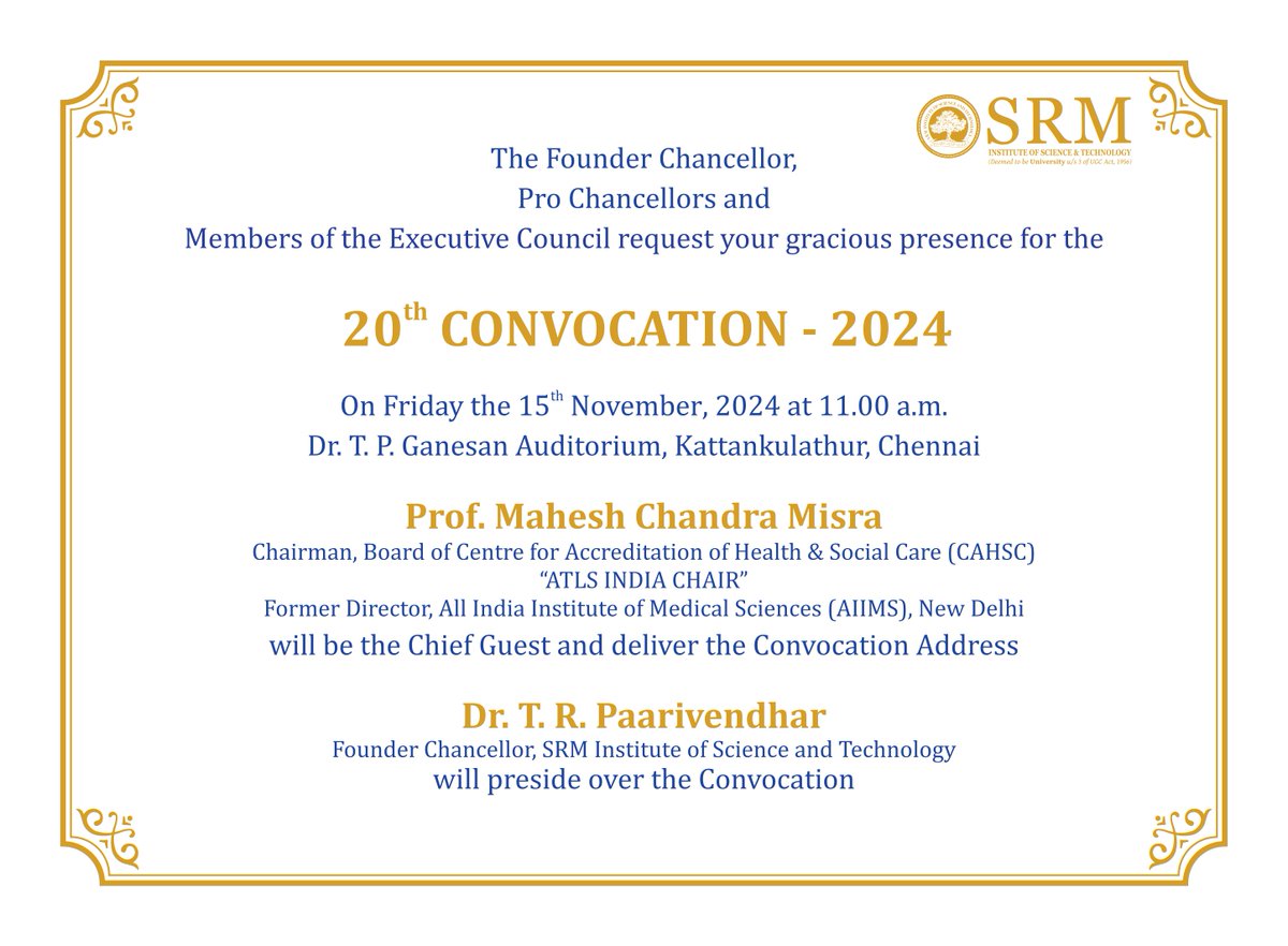 SRM_Univ's tweet photo. #SRMIST-KTR is all set to conduct its 20th Convocation, for graduates of Medical & Health Sciences, Management, Science & Humanities, Law & Agricultural Sciences and PhD. programs.
#Graduation2024 #Graduates #SRMknowledge #Convocation2024 #ProudMoment #Announcement https://t.co/VSsvx1PbsB