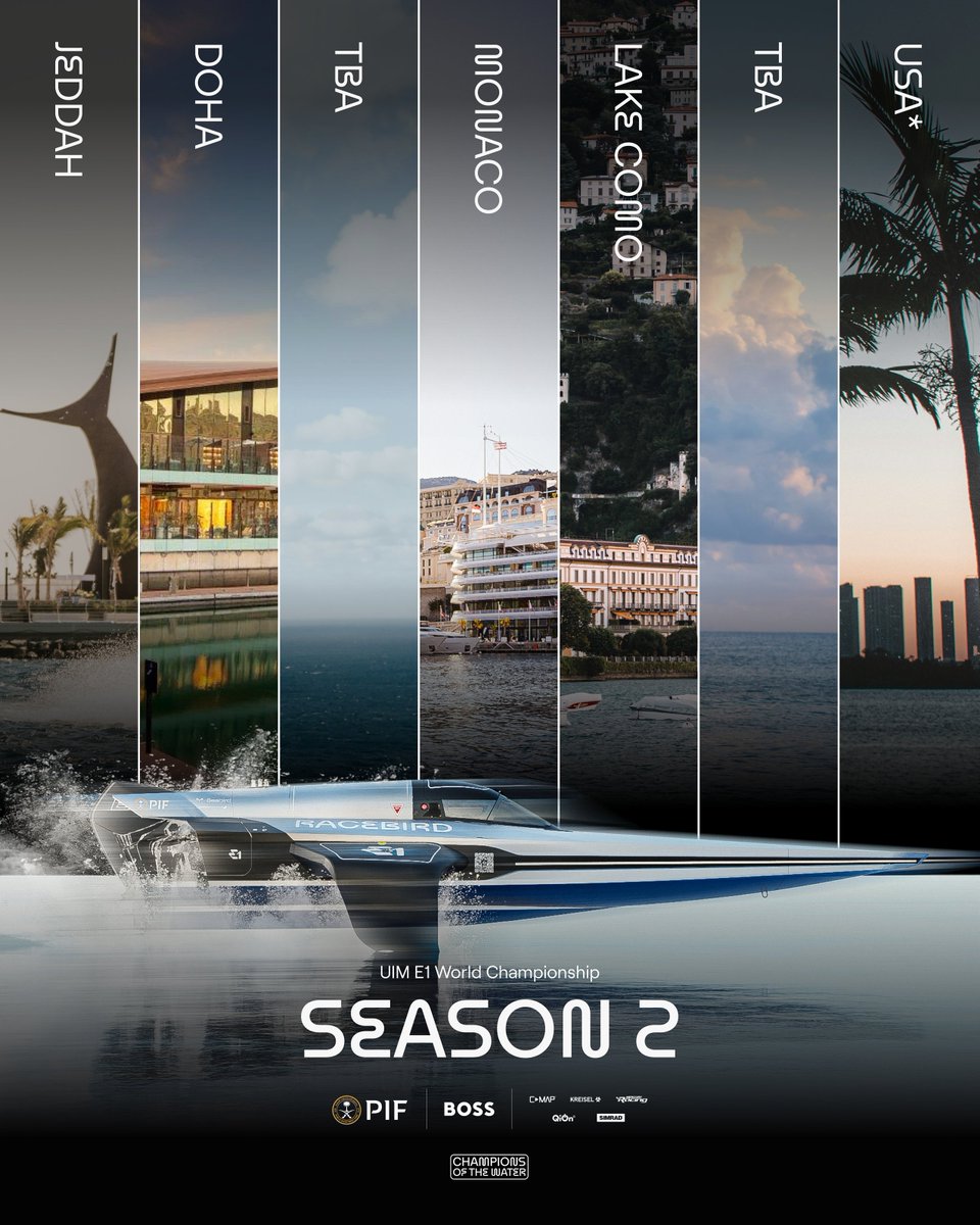 Season 2 is going to be next level 🔥

Jan 24-25: E1 Jeddah GP 🇸🇦
Feb 21-22: Visit Qatar E1 Doha GP 🇶🇦
Apr: TBA 🔜
Jul 18-19: E1 Monaco 🇲🇨
Aug 22-23: E1 Lake Como GP 🇮🇹
Oct: TBA 🔜
Nov: USA TBA 🇺🇸

4 race locations locked in, 3 more coming soon 👀

#E1Series #ChampionsOfTheWater
